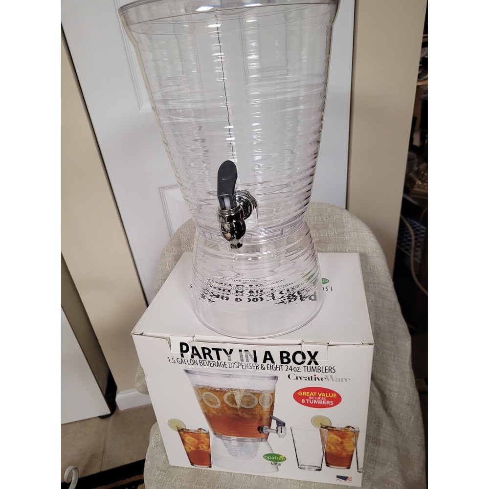 CreativeWare Party In A Box 1.5 Gallon Beverage‎ Dispenser 8-24oz Tumblers NEW - Picture 4 of 4